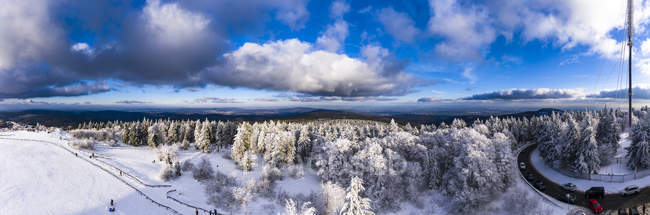 Alemanha, Hesse, Taunus, Vista aérea da estrada através da floresta de coníferas no inverno — Fotografia de Stock