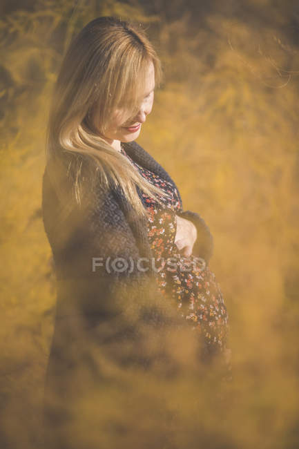 Femme enceinte debout dans un champ d'asperges en automne — Photo de stock