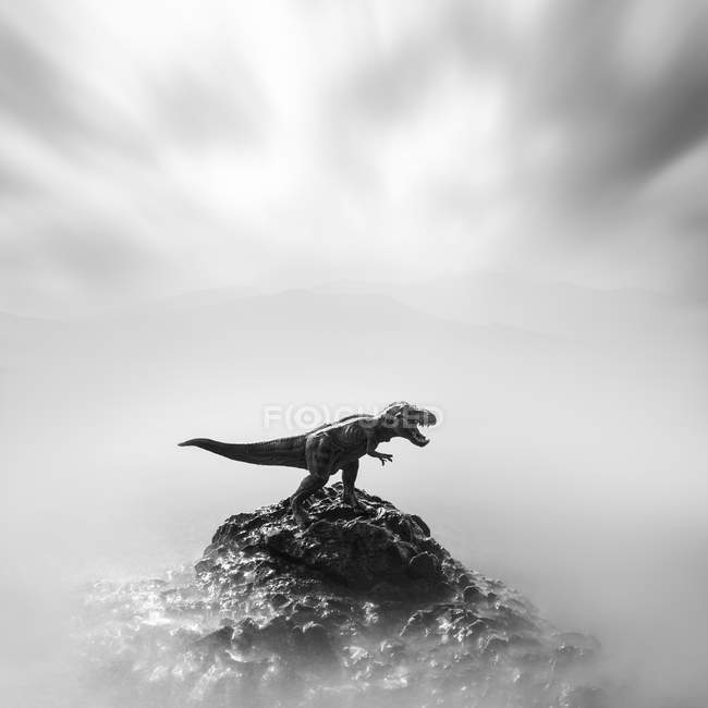 Um dinossauro de brinquedo em uma pedra, preto e branco, exposição longa — Fotografia de Stock