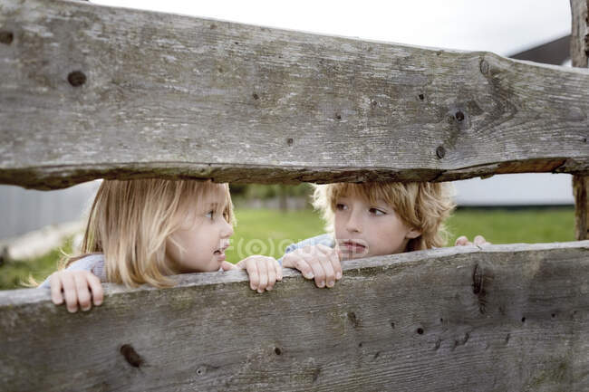 Hermano y su hermana pequeña detrás de la cerca de madera - foto de stock