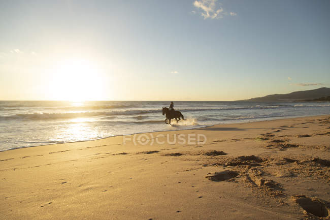 Spagna, Tarifa, donna a cavallo sulla spiaggia al tramonto — Foto stock