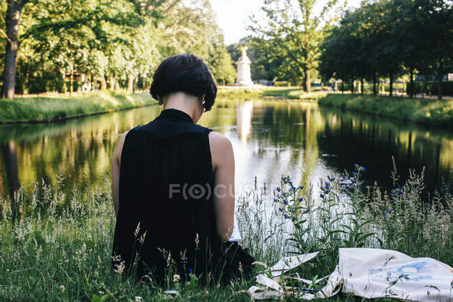 Vista trasera de un artista sentado en un prado cerca del agua en un dibujo del parque - foto de stock