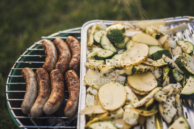 Barbecueing salsicce e verdure su un prato — Foto stock