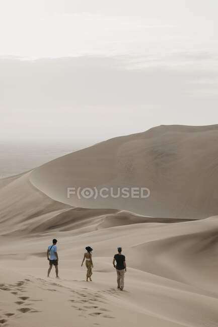 Namibie, Namib, trois amis marchant dans une dune désertique — Photo de stock