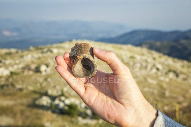 Grèce, Péloponnèse, Arcadie, Lykaion, main tenant la trouvaille d'un vase sur le site d'excavation antique à la montagne Profitis Ilias — Photo de stock