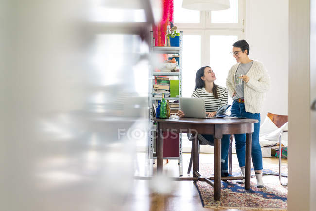 Две подруги дома, разговаривают и пользуются ноутбуком — стоковое фото
