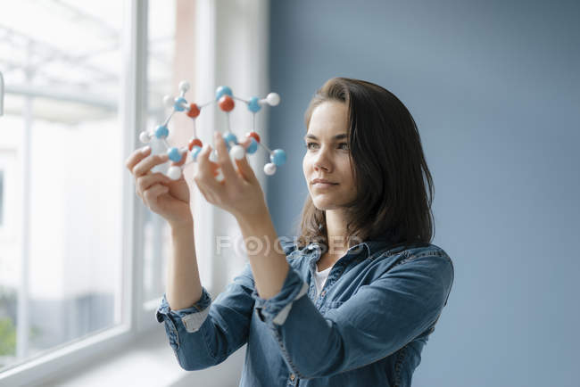 Wissenschaftlerin untersucht Molekülmodell und sucht nach Lösungen — Stockfoto