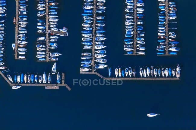 Alemania, Baviera, Chiemgau, Vista aérea del lago de Chiemsee, puerto con embarcaciones de recreo - foto de stock