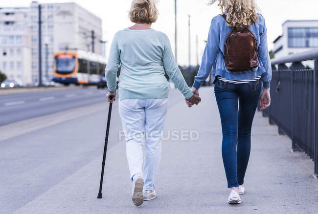 Вид сзади на бабушку и внучку, идущих рядом — стоковое фото