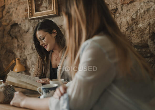 Zwei junge Frauen mit Buch in einem Café — Stockfoto