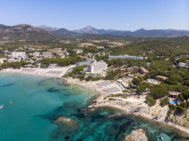 Spain, Majorca, Costa de la Calma, aerial view over Peguera with hotels and beaches — Stock Photo