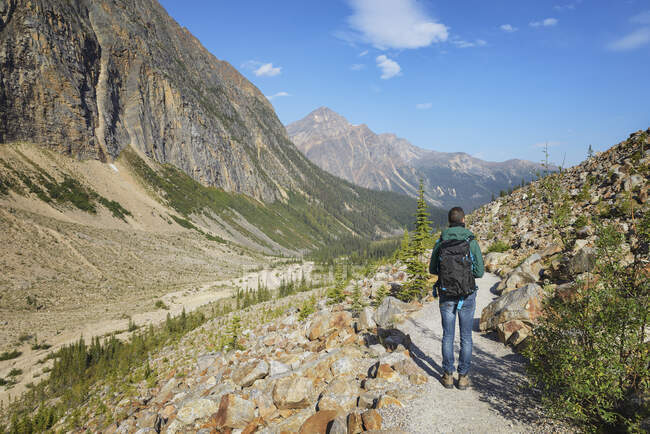 Canadá, Parque Nacional Jasper, Excursionista en el Monte Edith Cavell - foto de stock