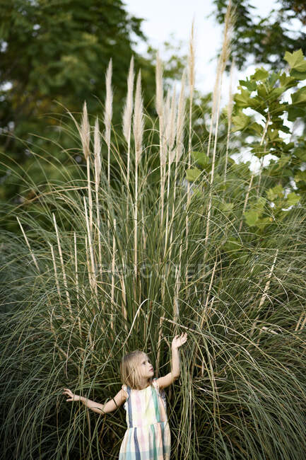 Petite fille blonde debout devant l'herbe Pampas — Photo de stock