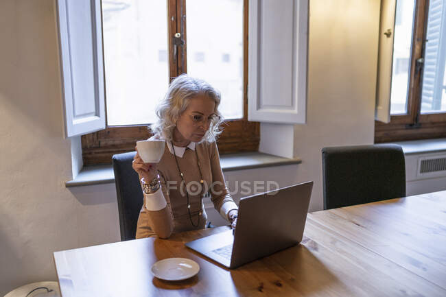 Доросла комерсантка сидить за столом за чашкою кави, використовуючи ноутбук. — стокове фото