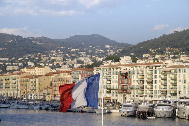 France, Nice, Harbour, French flag — patriotism, outdoors - Stock Photo