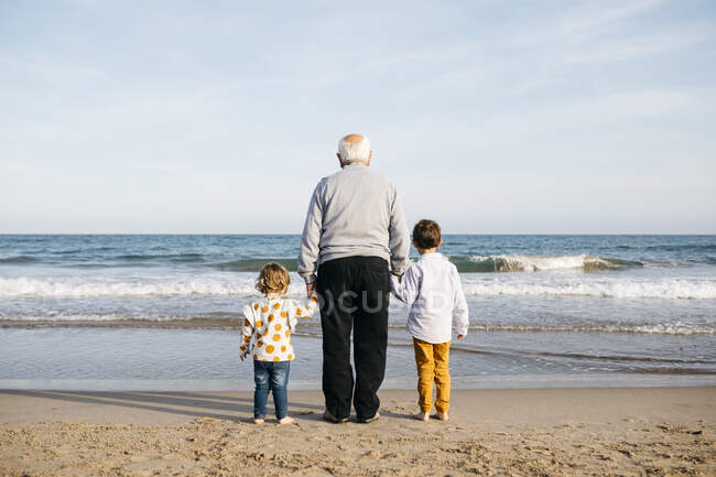 Погляд дідуся, який стояв з рукою на пляжі, а онуки дивилися на море. — стокове фото