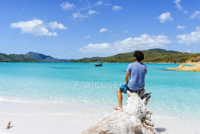 Australia, Queensland, Whitsunday Island, hombre sentado en el tronco en Whitehaven Beach - foto de stock