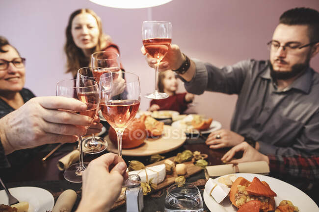 Family having dinner together clinking wine glasses — Stock Photo