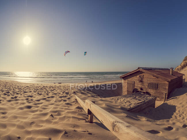 Francia, Contis Plage, kite surfers sulla spiaggia sabbiosa — Foto stock
