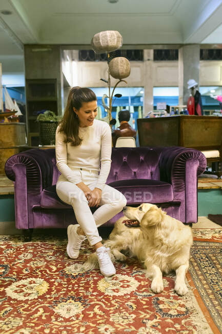 Усміхнена жінка з собакою сидить на дивані у вінтажному магазині. — стокове фото