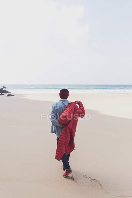 Portugal, Algarve, Sagres, Praia do Beliche, vista trasera del hombre caminando por la playa poniéndose la chaqueta - foto de stock