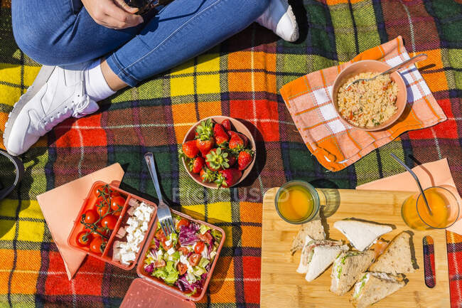 Giovane donna che fa un picnic con cibo sano in un parco — Foto stock