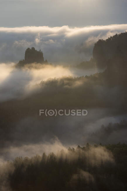 Germany, Saxony, Elbe Sandstone Mountains, view from Gleitmannshorn to sandstone rocks with fog at sunrise — Stock Photo