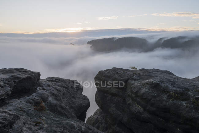 Alemanha, Saxônia, Elba Montanhas de arenito, vista de Gleitmannshorn ao nevoeiro no vale ao nascer do sol — Fotografia de Stock