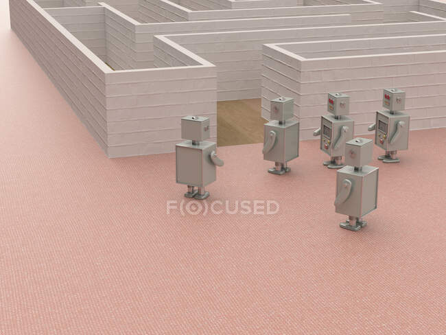 3D renderização, robôs de brinquedo em pé na entrada de um labirinto — Fotografia de Stock
