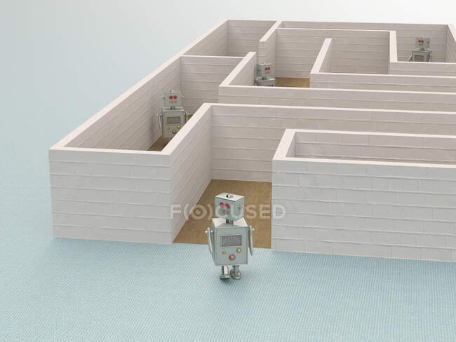Renderização 3D, robô de brinquedo deixando um labirinto — Fotografia de Stock