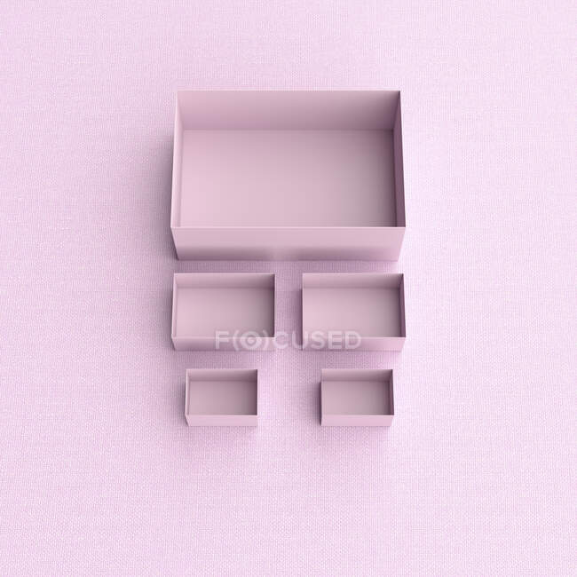 Renderização 3D, caixas cor-de-rosa em diferentes tamanhos no fundo rosa — Fotografia de Stock