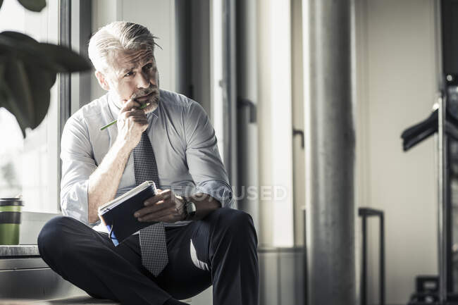 Зрілий бізнесмен сидить біля вікна з записником. — стокове фото