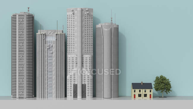 3D renderização, casa residencial enfrentando arranha-céus — Fotografia de Stock