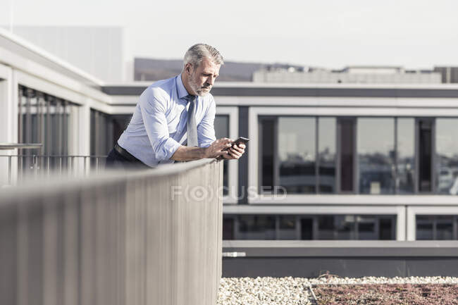 Homem de negócios maduro usando telefone celular no terraço — Fotografia de Stock