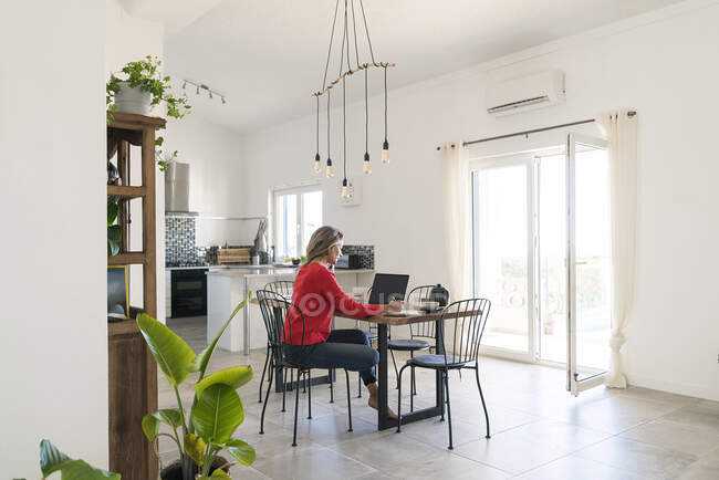 Donna che utilizza il computer portatile sul tavolo da pranzo in casa moderna — Foto stock