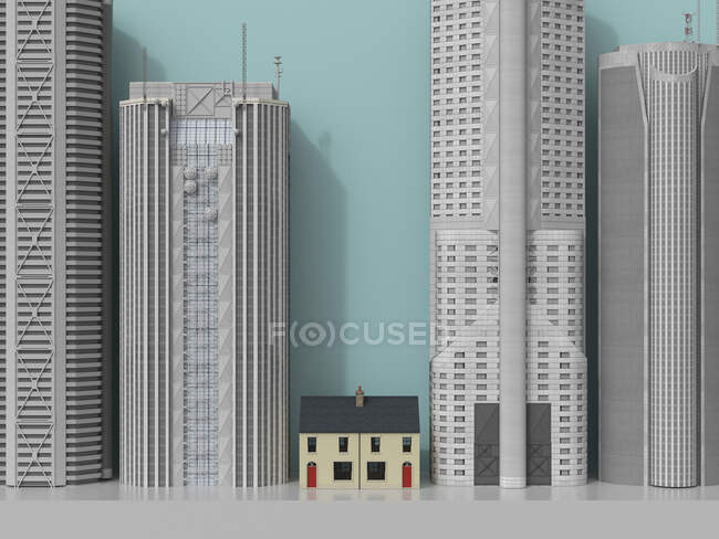 3D renderização, casa residencial sqeezed entre arranha-céus — Fotografia de Stock