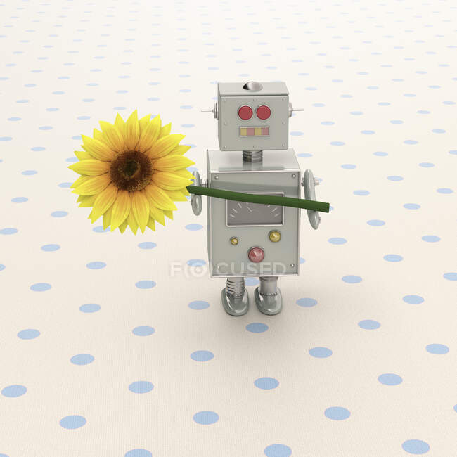 Rendu 3D, robot jouet présentant un tournesol — Photo de stock