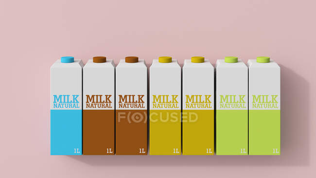 3D rendering, Row of milk cartons in different colors — Stock Photo