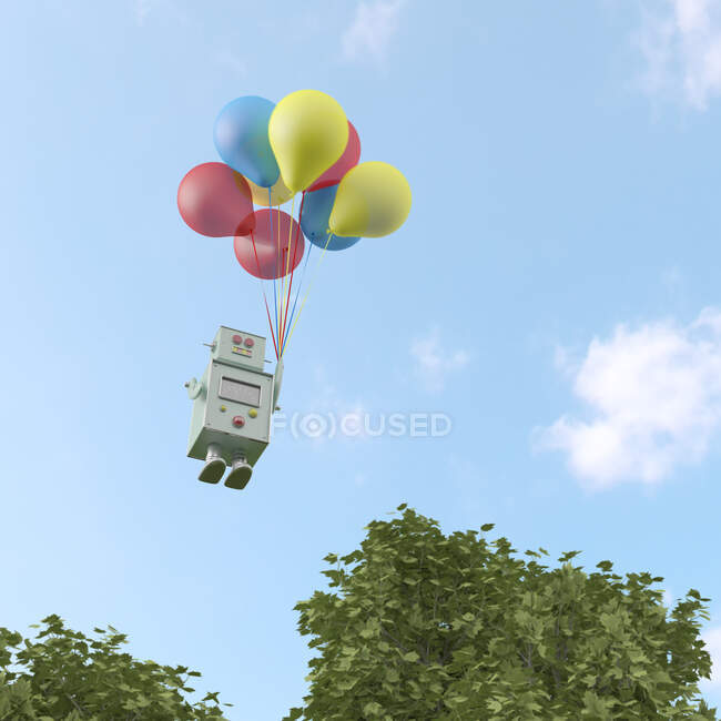 3D renderização, brinquedo robô cintilando em um monte de balões — Fotografia de Stock
