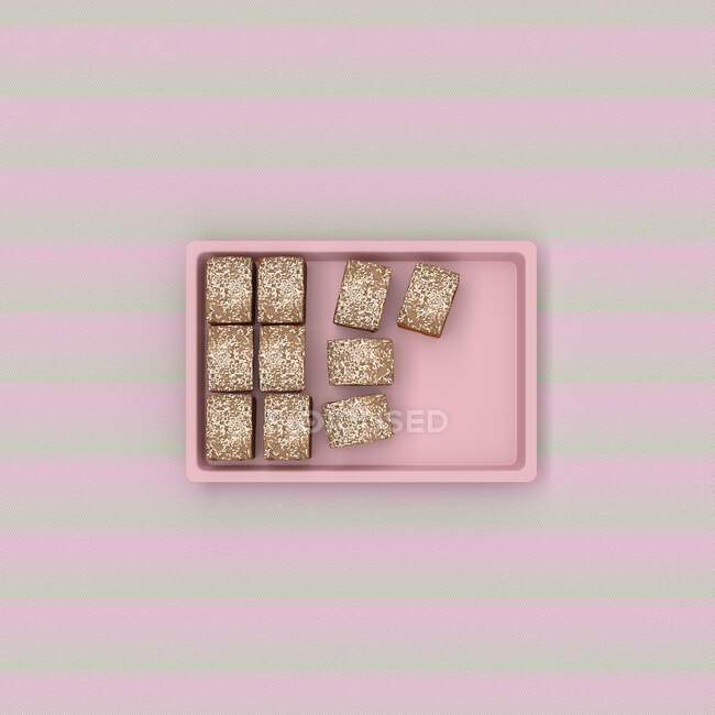 3D-Rendering, Käsekuchen auf Backblech auf gemustertem Hintergrund — Stockfoto