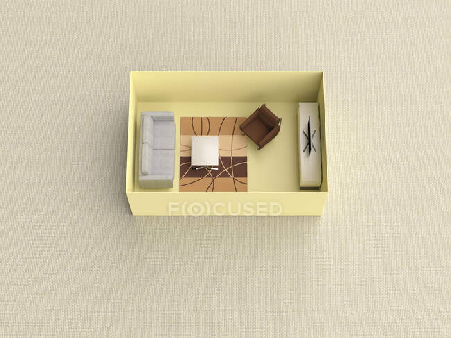 3D renderização, sala de estar em miniatura em uma caixa — Fotografia de Stock