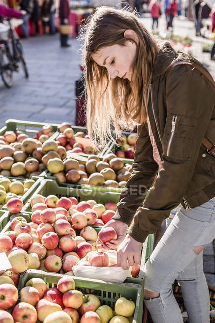 Girl with cloth bag choosing apples on weekly market — Stock Photo