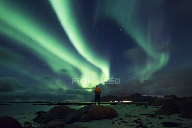 Норвегия, Лофские острова, Эггум, человек, восхищающийся северным сиянием — стоковое фото