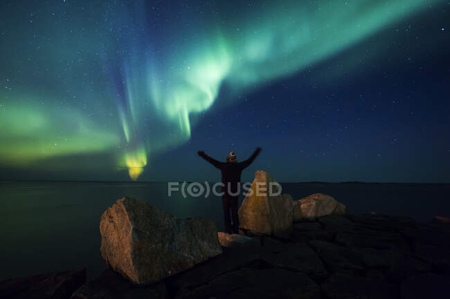 Noruega, Islas Lofoten, Eggum, vista trasera del hombre de pie sobre roca admirando las luces del norte - foto de stock