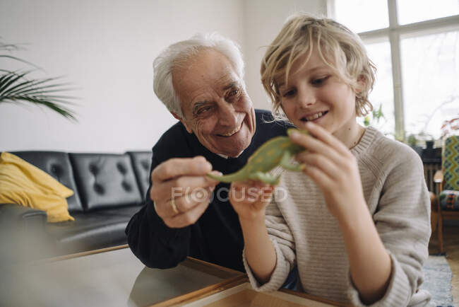 Feliz abuelo y nieto jugando con camaleón de juguete en casa - foto de stock