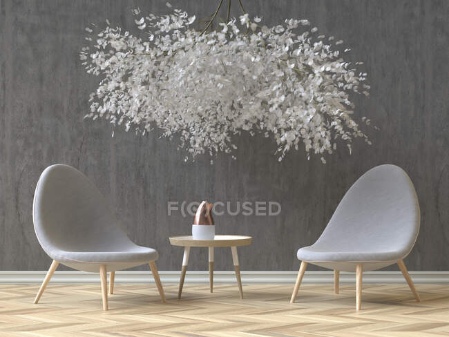 Interior Skandinavian moderno com duas cadeiras cinzentas, mesa de café e uma instalação floral, 3D Rendering — Fotografia de Stock