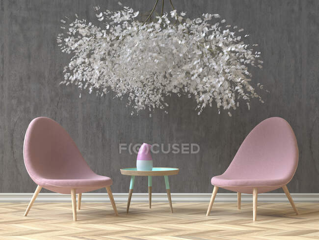 Interior Skandinavian moderno com duas cadeiras cor-de-rosa, mesa de café e uma instalação floral, 3D Rendering — Fotografia de Stock