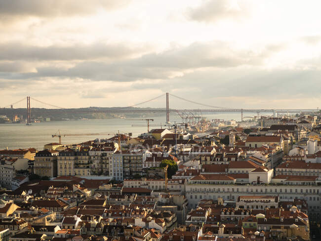 View over the city with Ponte 25 de Abril Tejo River from Miradouro da Nossa Senhora do Monte, Lisbon, Portugal — Stock Photo