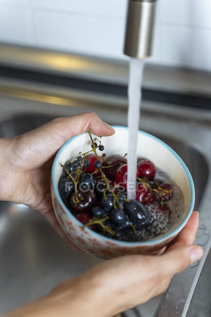 Close-up of woman washing fruit in a bowl — Stock Photo