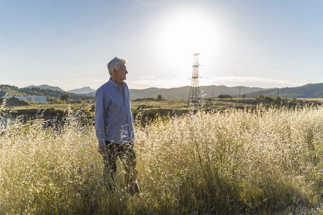 Senior homem de pé em um campo ao pôr do sol — Fotografia de Stock